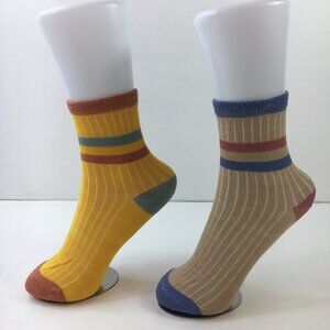 Womens Crew Socks Set 2 Stripes Yellow Beige Blue Brown